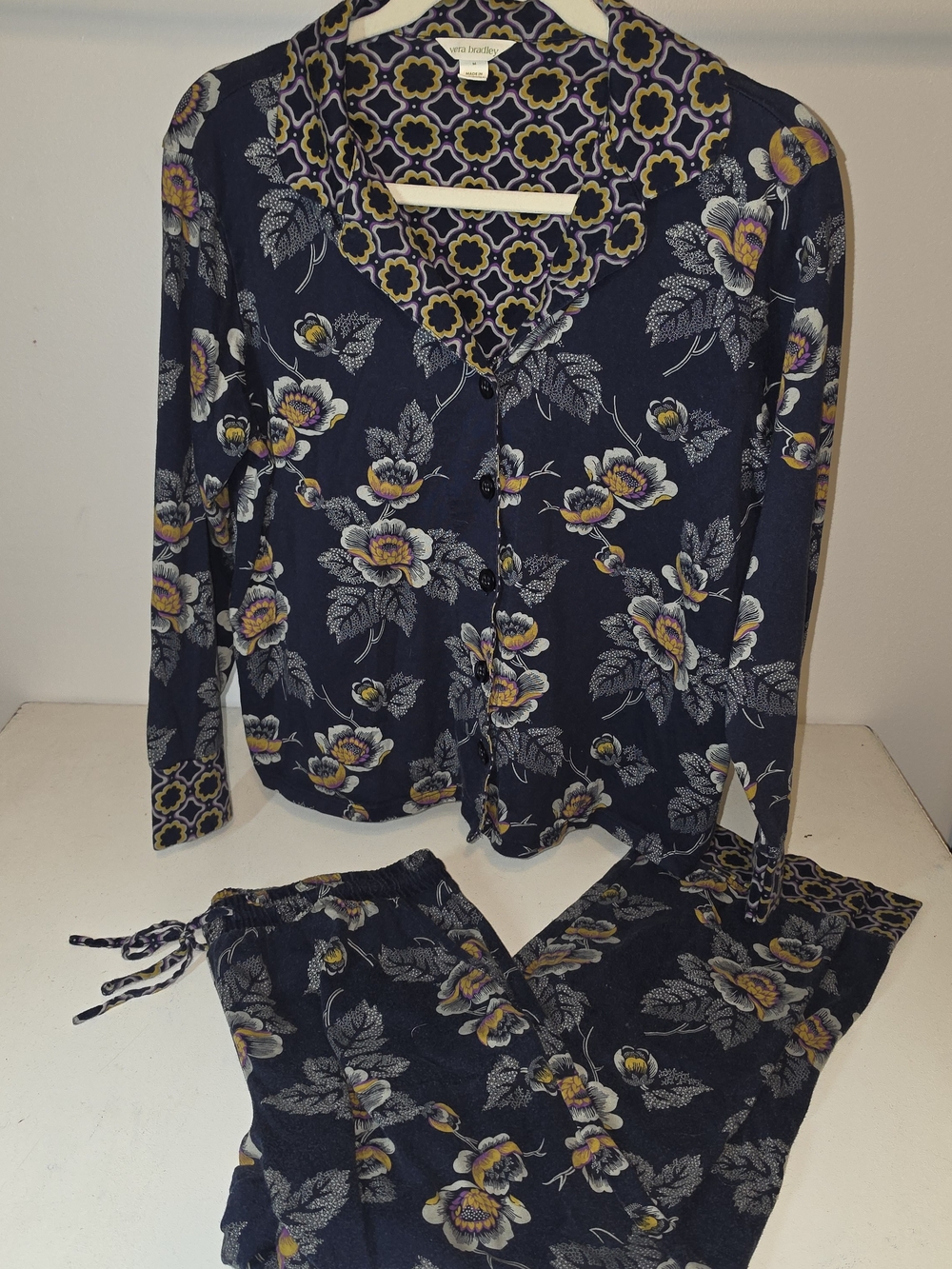 Vera Bradley Navy Floral Two-Piece Pajama Set with Yellow Accents